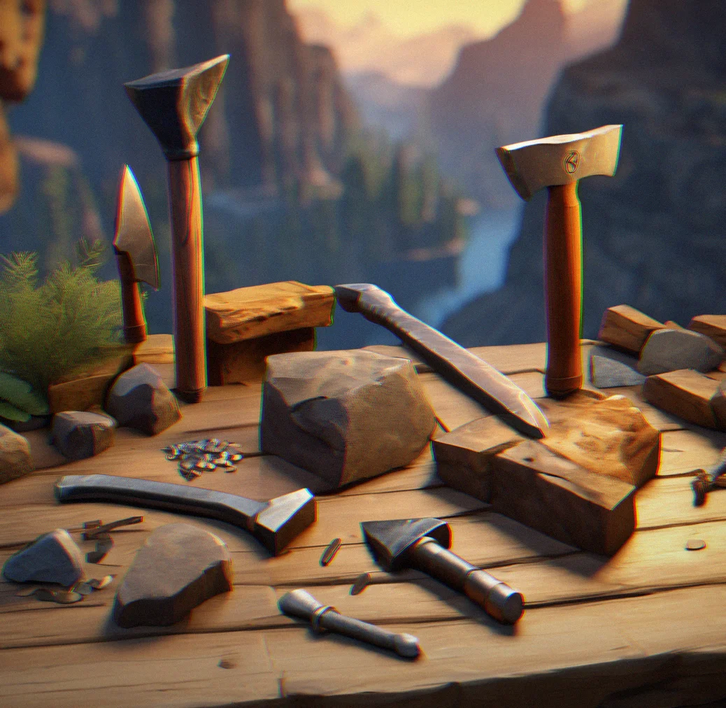 Three crafted tools arranged on workbench showing stone axe, copper axe, and steel axe in progression