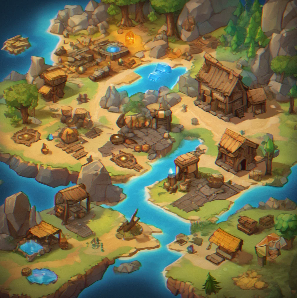 Map showing four colored biome regions with resource icons marked in each area