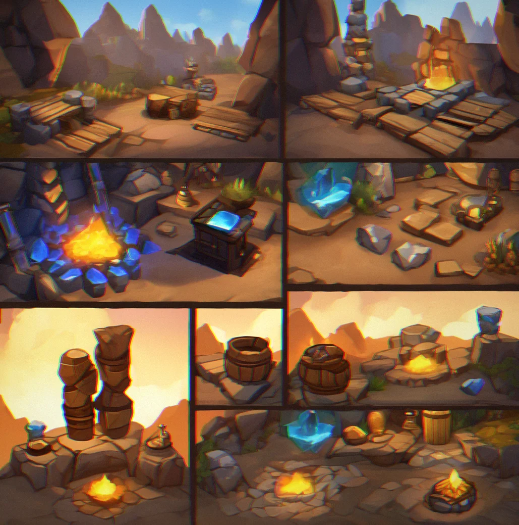 Sequence of four crafting stations showing ore, furnace with glowing ingots, workbench assembly, and polishing cloth