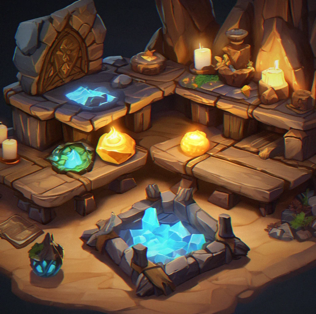 Enchanting altar with three glowing effect icons representing different enchantment options