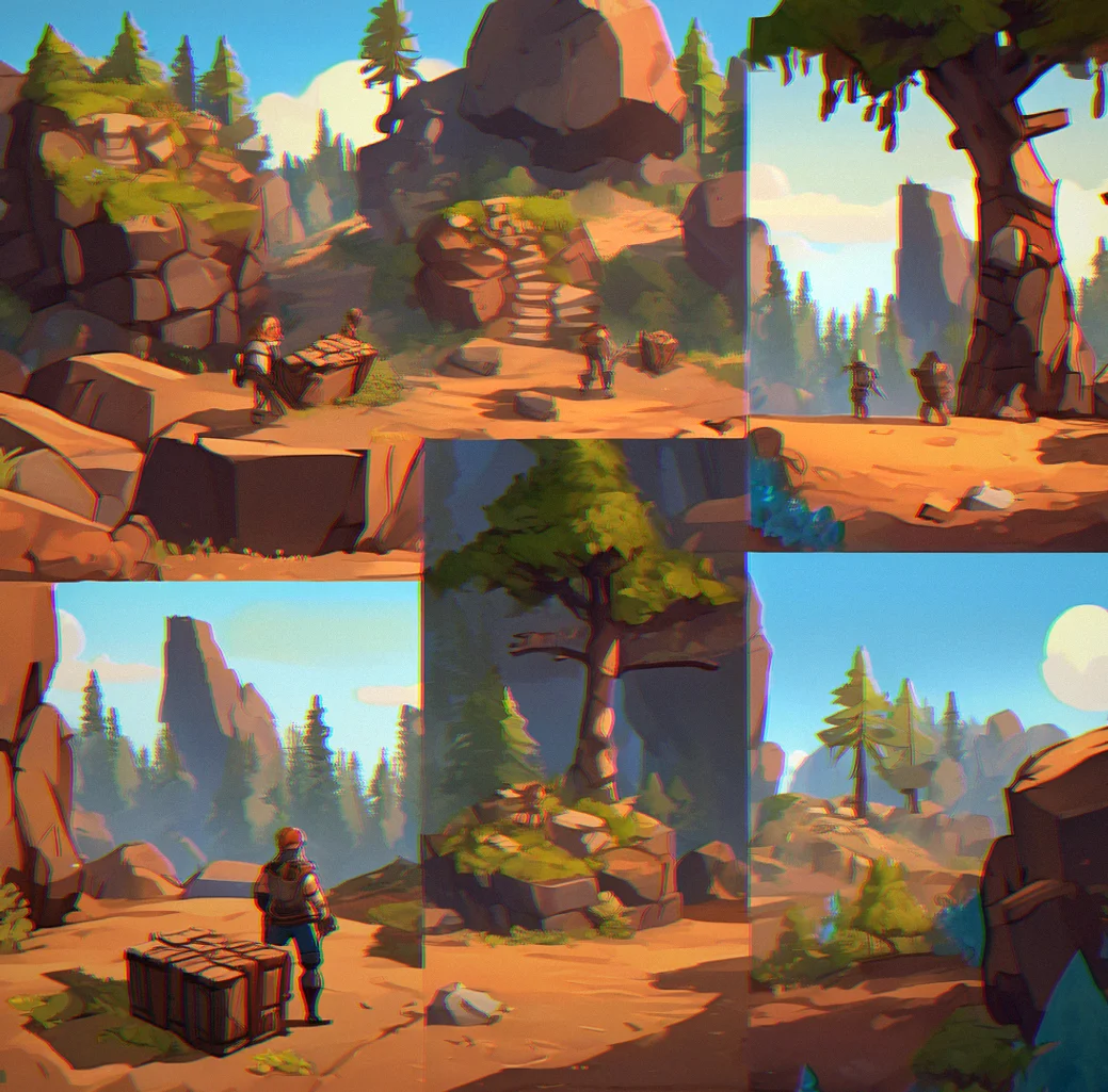 Forest clearing with tall pine trees, copper ore visible in rocky outcrop, player holding filled timber bundle