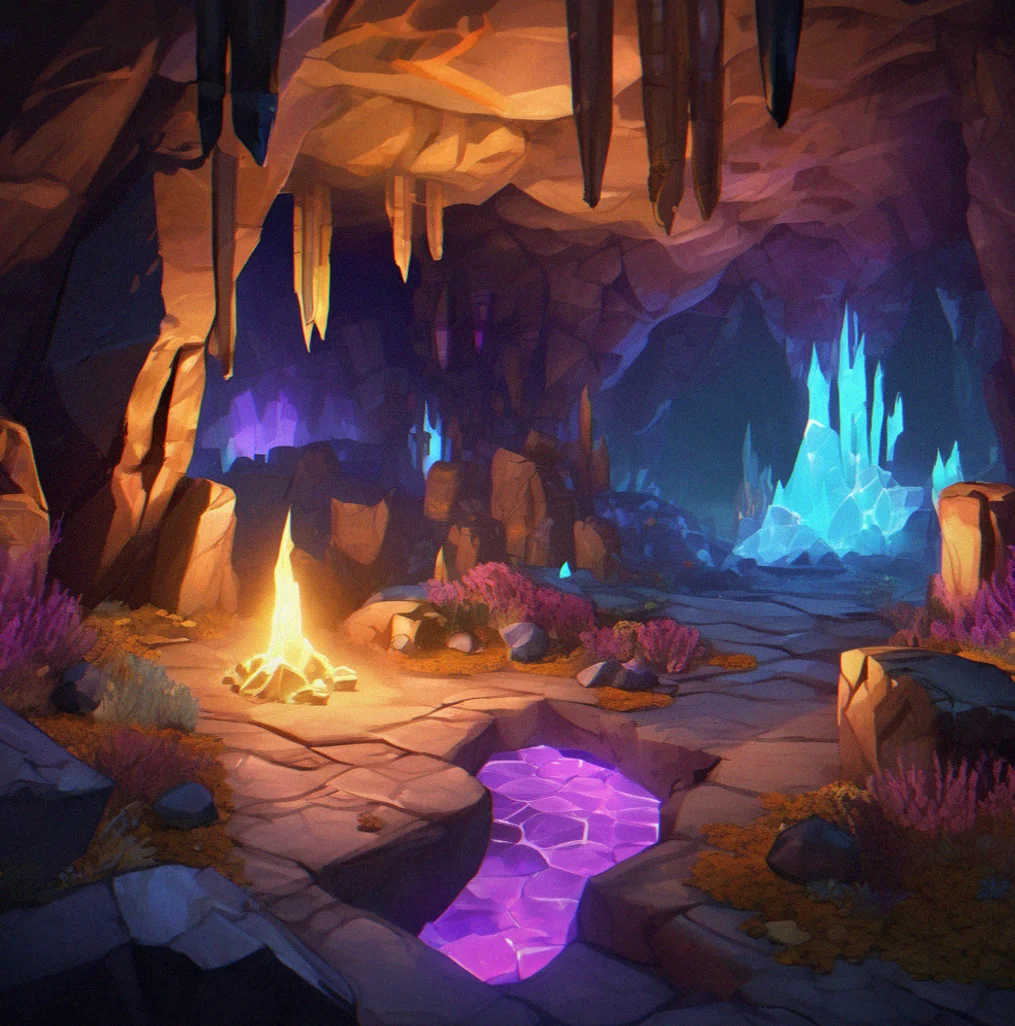 Underground cavern with bioluminescent crystal formations glowing blue and purple, player with torch illuminating dark passages