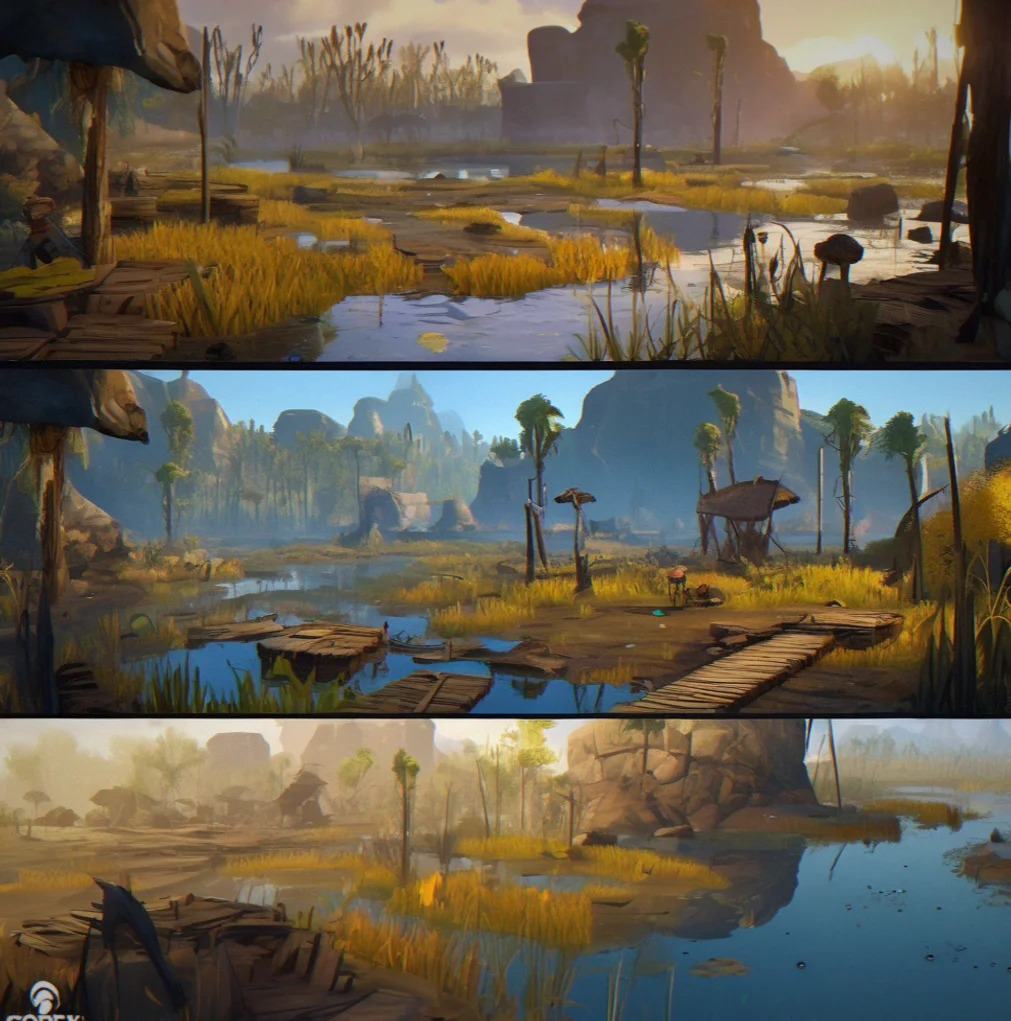 Swampy wetland with murky water, tall reeds, iron ore scattered across muddy ground, player collecting materials