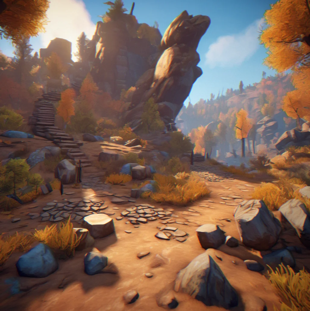 Player holding crude stone axe next to rock outcropping and fallen tree branches