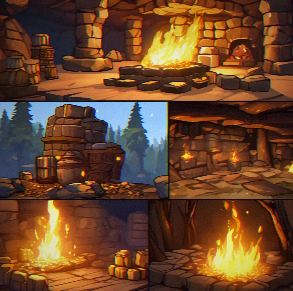 Furnace glowing with copper ore being smelted, finished ingots stacked beside it