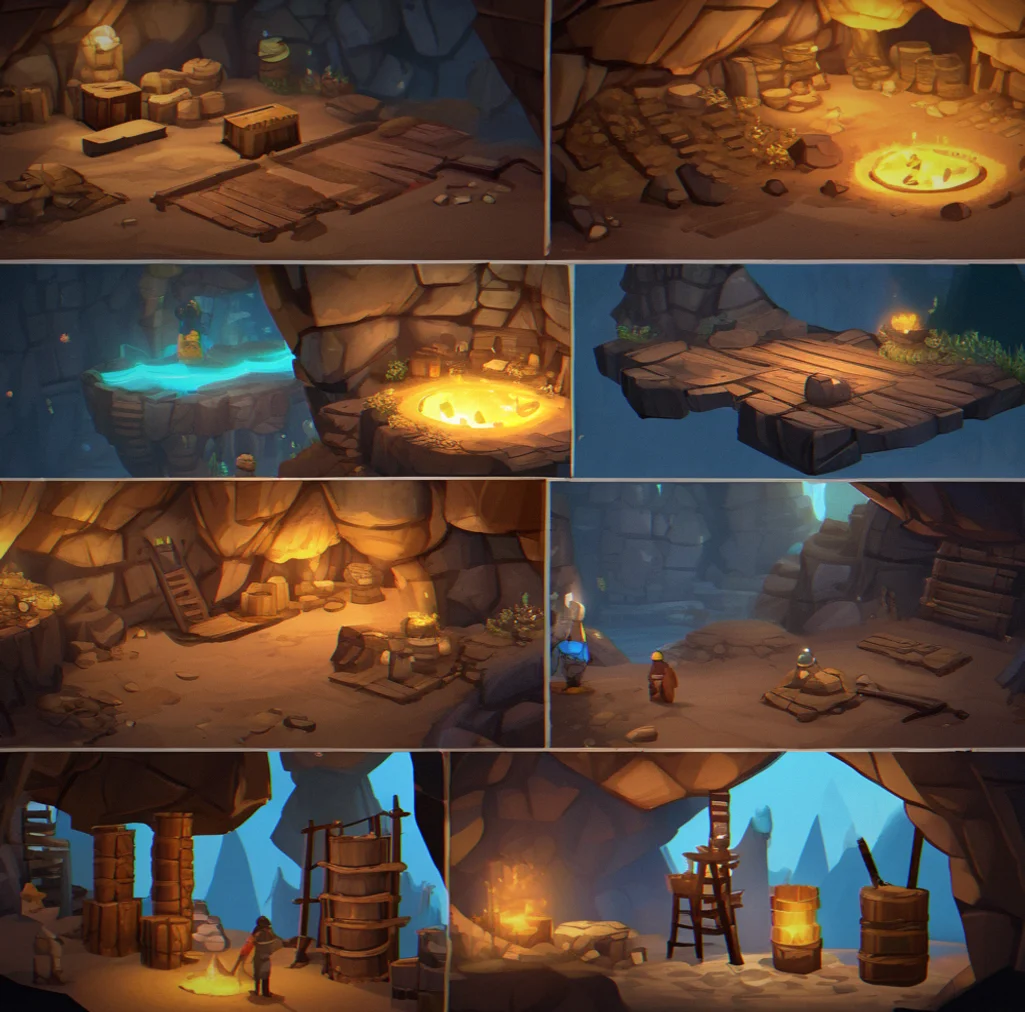 Deep mine shaft with iron ore deposits glowing faintly, player with improved pickaxe