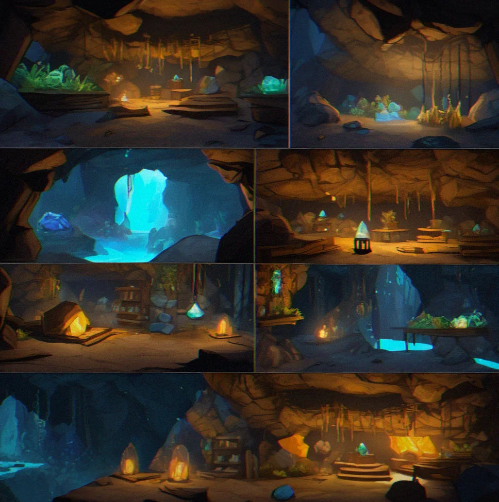 Pitch-black cave chamber with bioluminescent crystals protruding from cave ceiling and walls