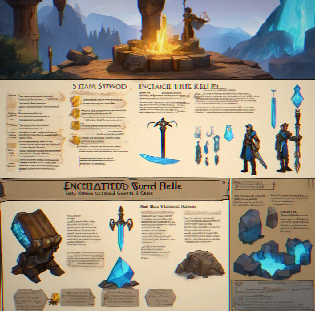 Enchanted sword held aloft with blue glow effect, stat panel showing enhanced damage and critical chance