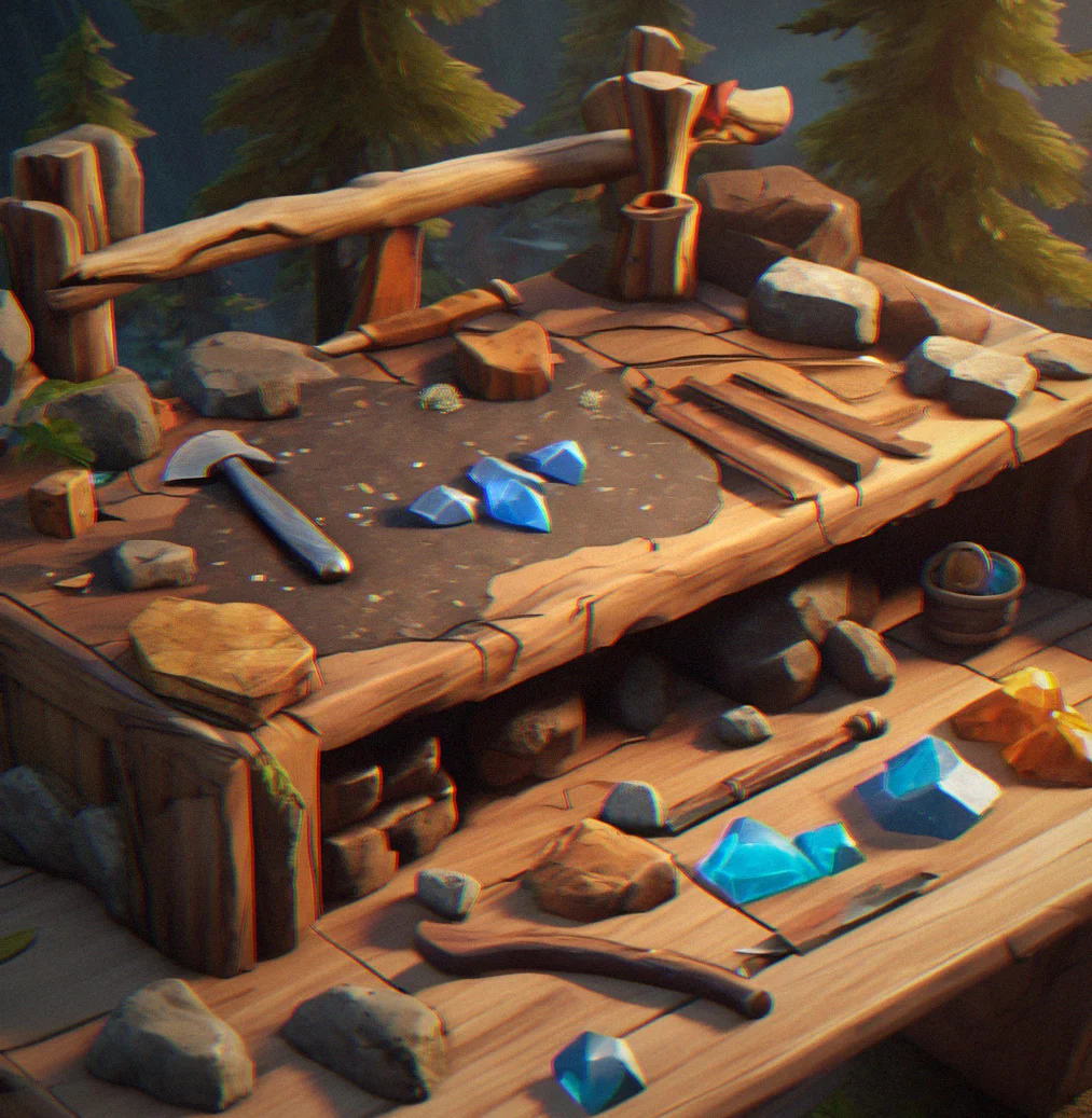 Workbench with basic stone axe and wooden materials scattered across wooden surface
