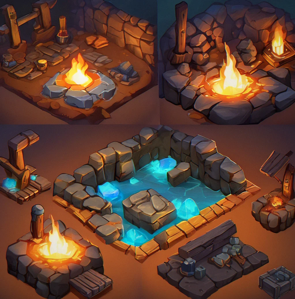 Furnace glowing with copper ore smelting, ingots stacked on nearby anvil