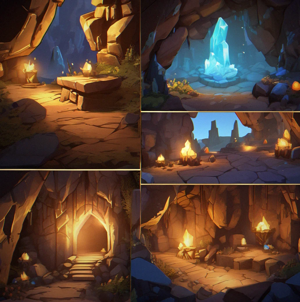 Deep cave entrance with crystal formations glowing faintly in darkness