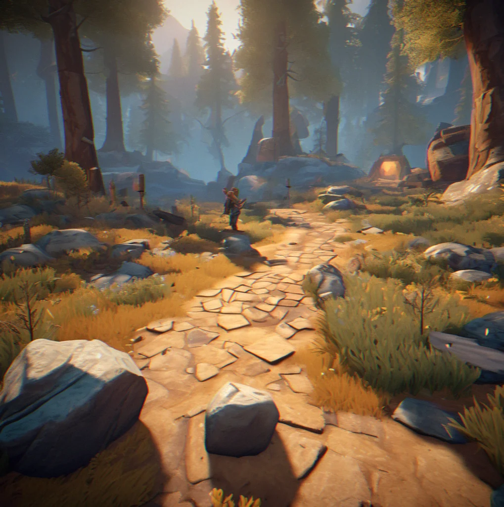 Player standing in forest clearing with a crafted axe, ore deposits visible in the rocky ground nearby