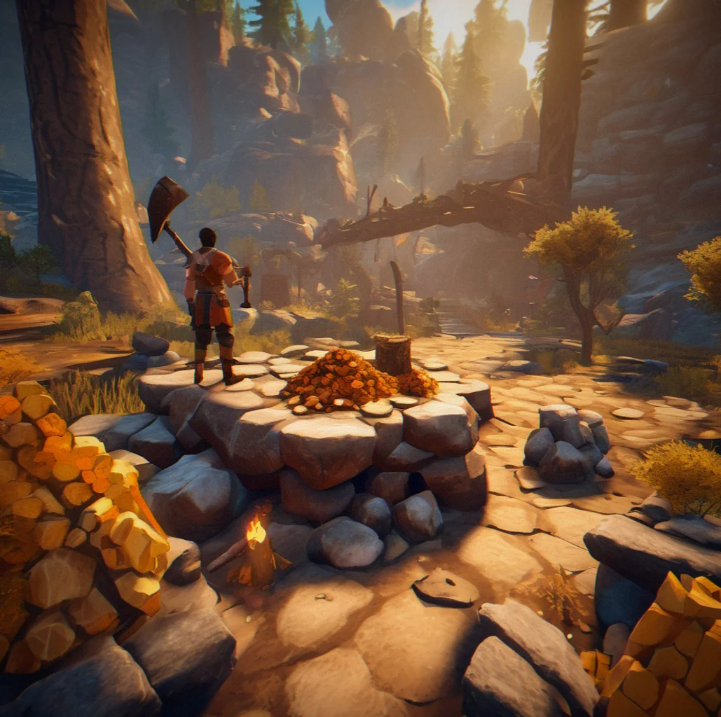 Player in forest with axe, surrounded by felled logs and stone deposits