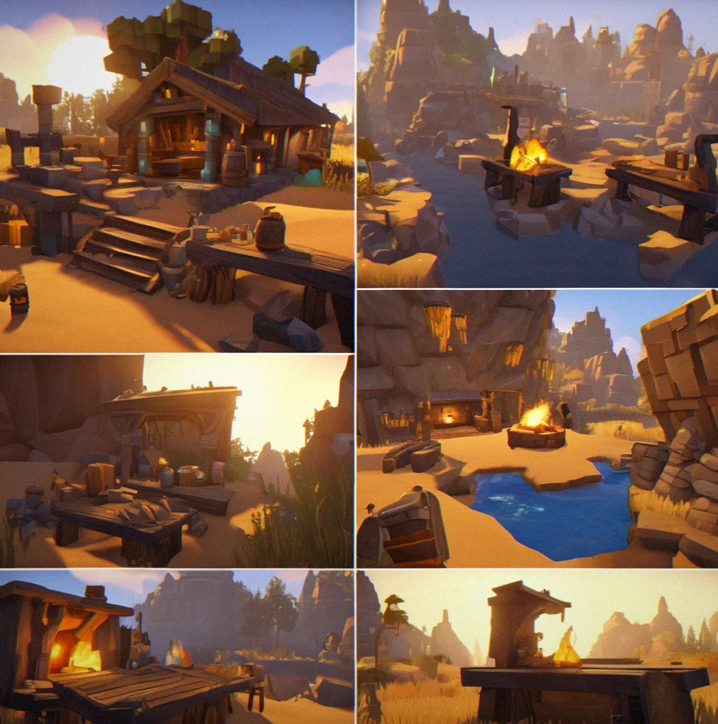 Multiple crafting stations arranged in workshop: furnace glowing, workbench with tools, anvil with hammer