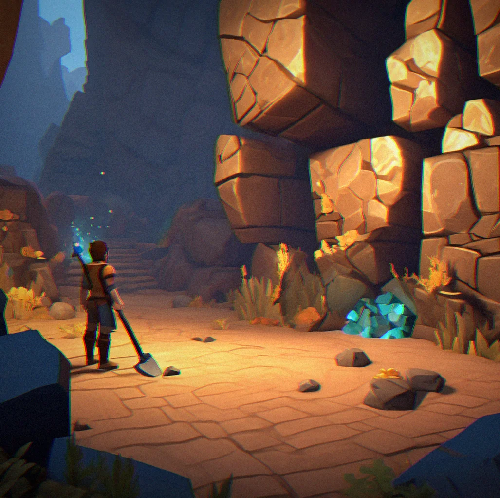 Player standing at cave entrance holding upgraded pickaxe, iron ore visible in shadowed rock wall