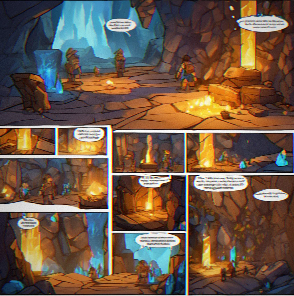 Dark cave chamber with glowing blue crystals protruding from walls, player holding torch and enchantment core
