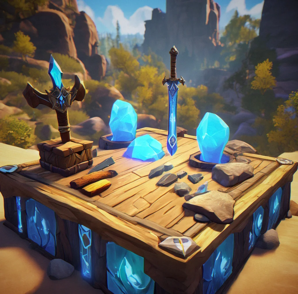 Enchanted sword glowing with blue magical aura, enchanting altar in background with three ability icons displayed